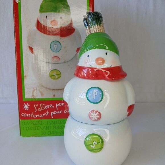 Hallmark Stackable Christmas Snowman Salt & Pepper Shakers Toothpick Holder NIB - Picture 1 of 6